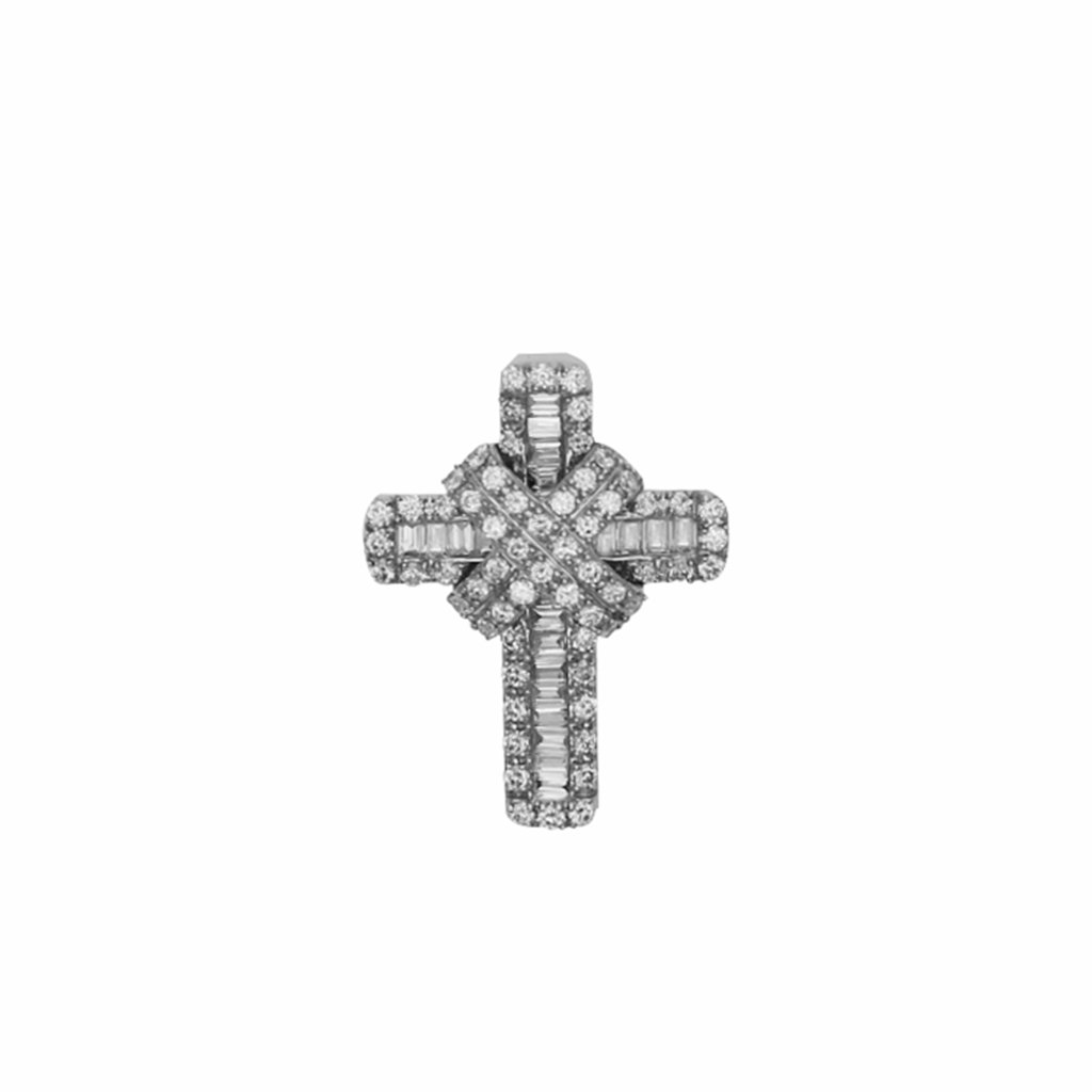14k White Gold 040 Ct Round  Baguette Diamonds 185 Mm Hight Cross Pendant